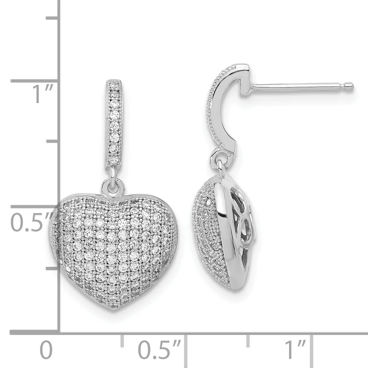 Silver heart-shaped dangle earrings with pave cubic zirconia stones, shown from front and side view with measurement scale.