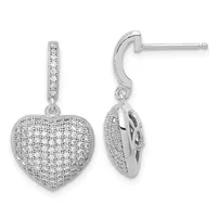 Pair of silver heart-shaped drop earrings with pave diamond settings and curved posts with backs, shown from front and side views.