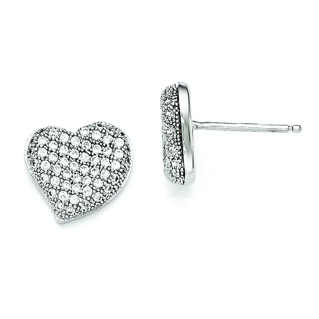 A pair of heart-shaped diamond stud earrings in white metal, shown from front and side views, with a post and backing.