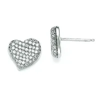 A pair of heart-shaped diamond stud earrings in white metal, shown from front and side views, with a post and backing.