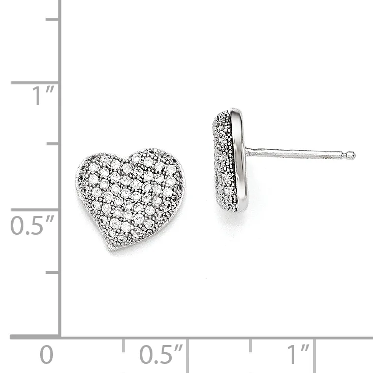 Heart-shaped diamond stud earrings shown from front and back views next to a measurement ruler indicating approximately half-inch width.
