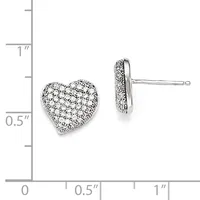 Heart-shaped diamond stud earrings shown from front and back views next to a measurement ruler indicating approximately half-inch width.