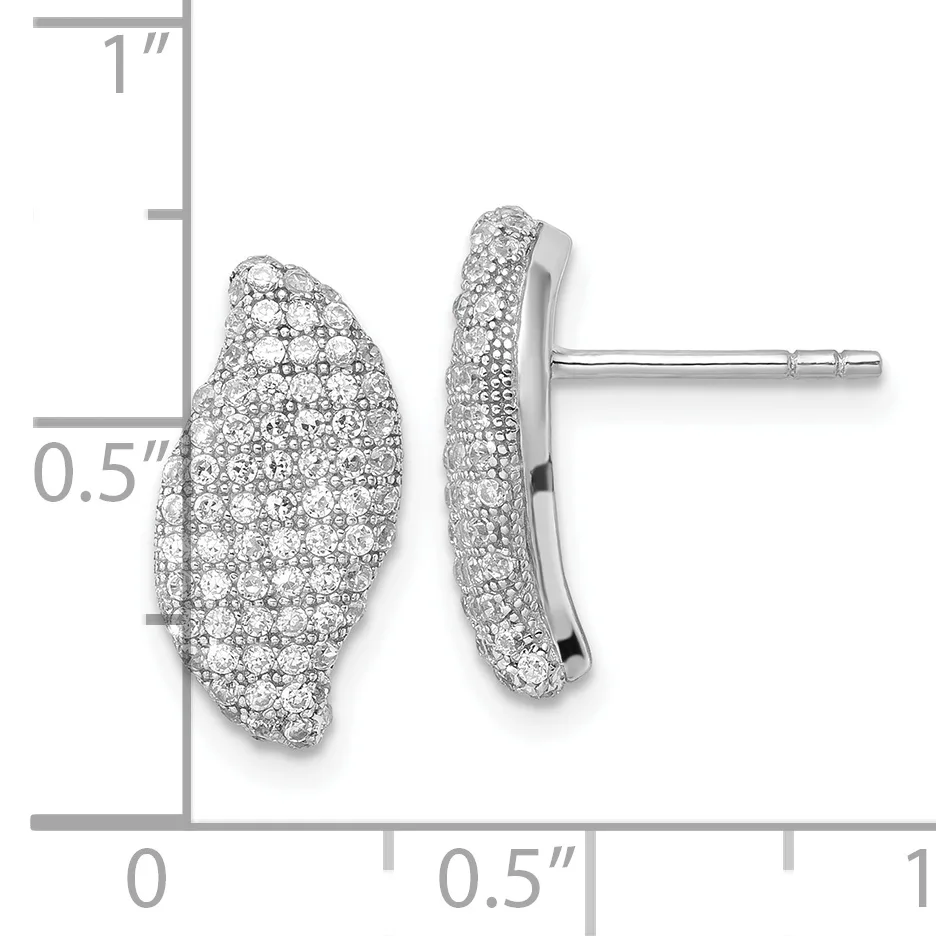 A pair of silver stud earrings with pave-set cubic zirconia in an organic, curved oval shape, shown with a measurement scale indicating approximately 0.5 inches in height.