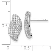 A pair of silver stud earrings with pave-set cubic zirconia in an organic, curved oval shape, shown with a measurement scale indicating approximately 0.5 inches in height.
