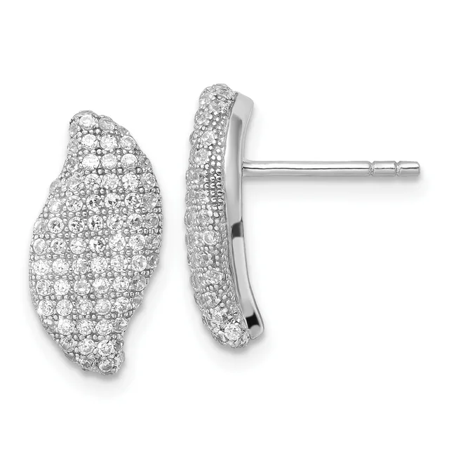 Pair of silver stud earrings with curved pebble-shaped faces densely set with round diamonds, shown from front and side views.