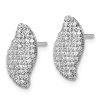 Pair of silver stud earrings with curved oval shapes densely paved with round diamonds, shown from the front.