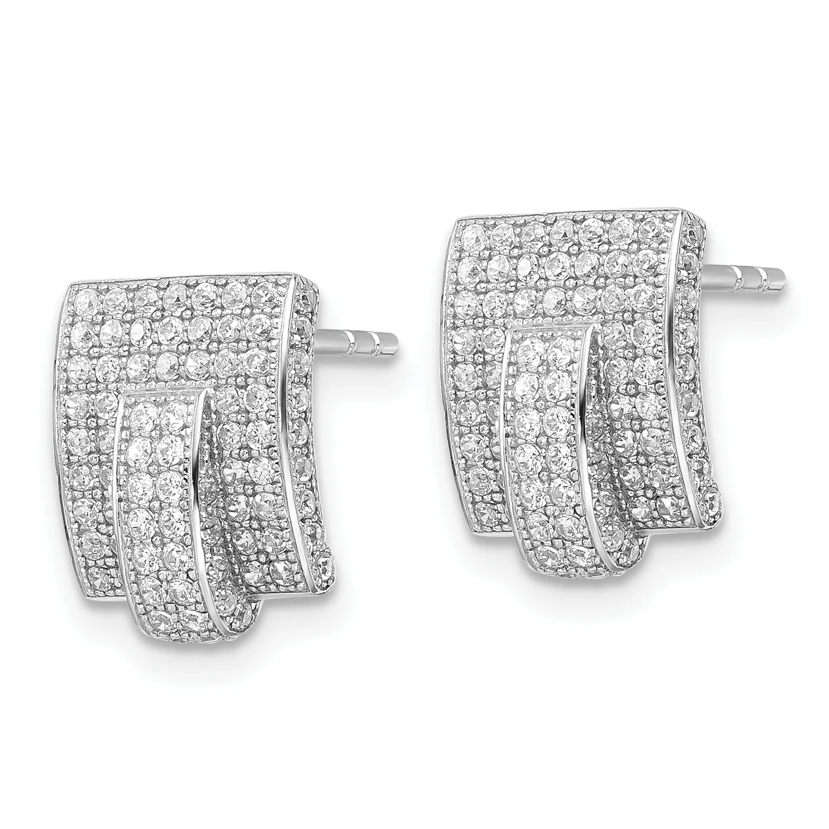 Pair of silver stud earrings with rectangular shapes featuring pave-set cubic zirconia stones arranged in a geometric pattern with curved cutout details.