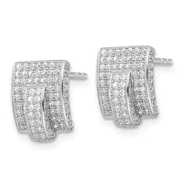 Pair of silver stud earrings with rectangular shapes featuring pave-set cubic zirconia stones arranged in a geometric pattern with curved cutout details.