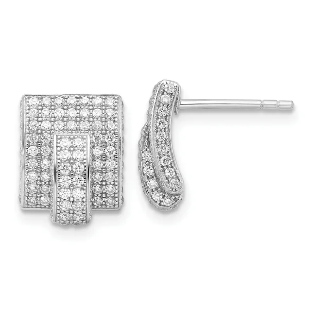 A pair of silver stud earrings with rectangular and curved designs, both densely paved with round diamonds, shown from front and side views.