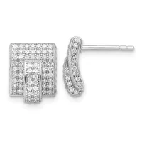A pair of silver stud earrings with rectangular and curved designs, both densely paved with round diamonds, shown from front and side views.