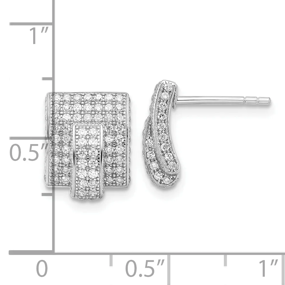 A pair of silver stud earrings with pave diamond settings in a curved rectangular design, shown front and side view with measurement scale.