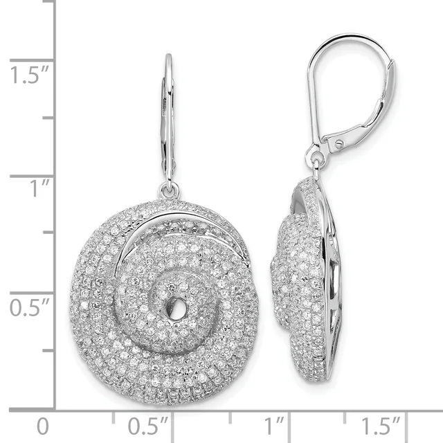 Pair of silver lever-back earrings with large circular diamond-paved pendants, shown front and side view with a measurement scale indicating approximately 1.5 inches in length.