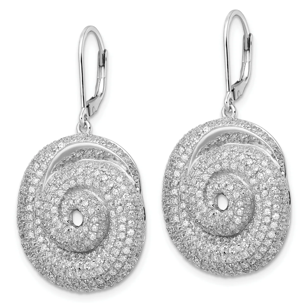 A pair of silver lever-back earrings with oval pendants featuring concentric circular designs pavé-set with small diamonds throughout.