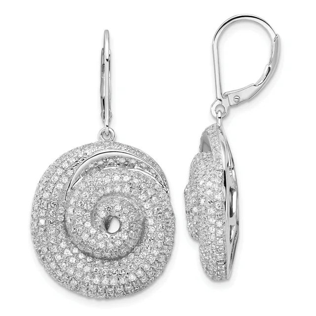 Silver lever-back earrings with oval medallion pendants featuring concentric circular designs paved with small diamonds, shown from front and side views.