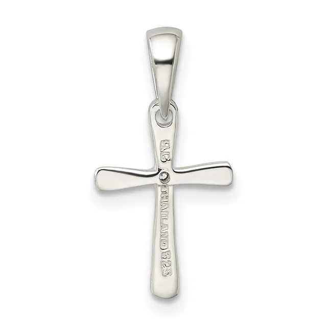 Sterling silver cross pendant with polished finish, featuring a horizontal crossbeam and vertical shaft with small hallmark stamped on the lower portion.