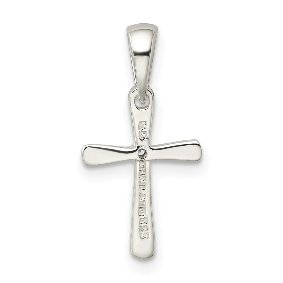 Sterling silver cross pendant with polished finish, featuring a horizontal crossbeam and vertical shaft with small hallmark stamped on the lower portion.