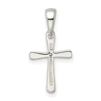 Sterling silver cross pendant with polished finish, featuring a horizontal crossbeam and vertical shaft with small hallmark stamped on the lower portion.