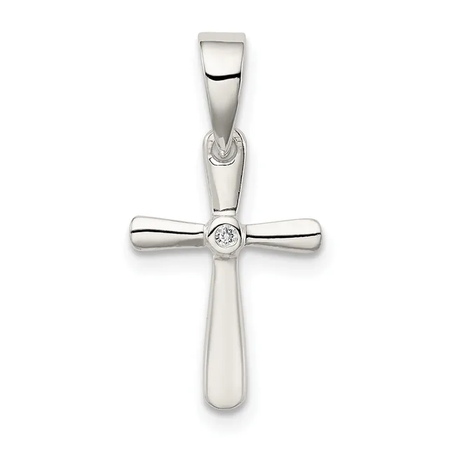 Silver cross pendant with a small round diamond or crystal at the center intersection, featuring a tapered bail at the top.