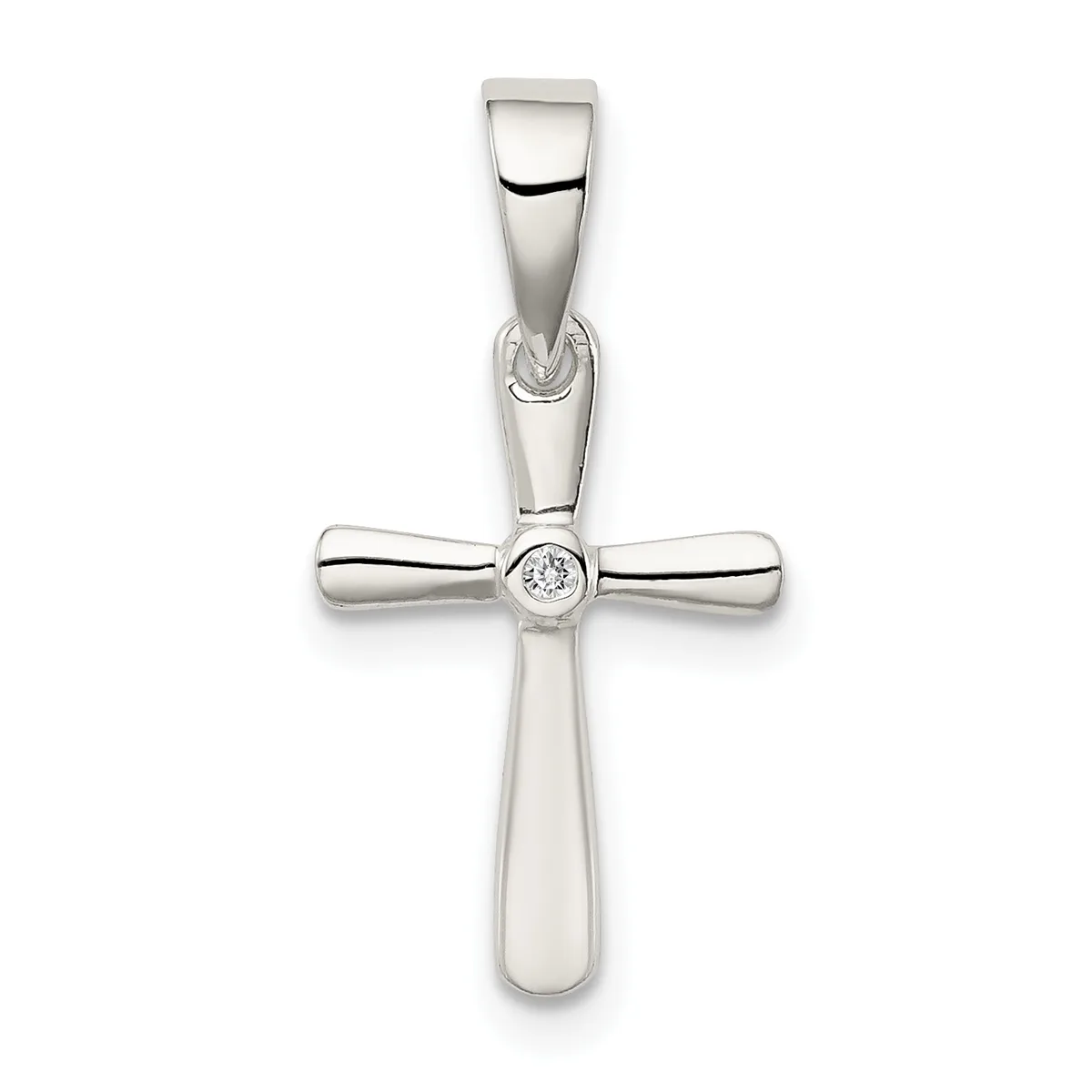 Silver cross pendant with a small round diamond or crystal at the center intersection, featuring a tapered bail at the top.