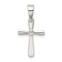 Silver cross pendant with a small round diamond or crystal at the center intersection, featuring a tapered bail at the top.