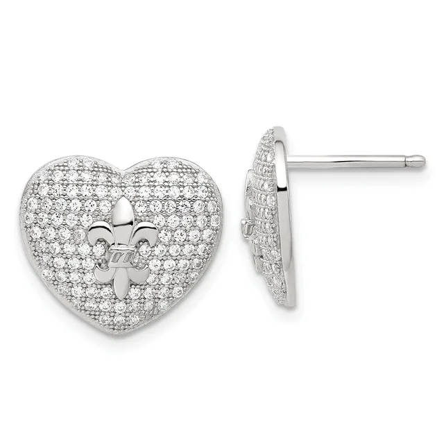 A pair of silver heart-shaped stud earrings with a fleur-de-lis design in the center, densely pavéd with small round cubic zirconia stones, shown from front and side views.