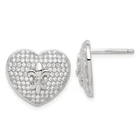A pair of silver heart-shaped stud earrings with a fleur-de-lis design in the center, densely pavéd with small round cubic zirconia stones, shown from front and side views.