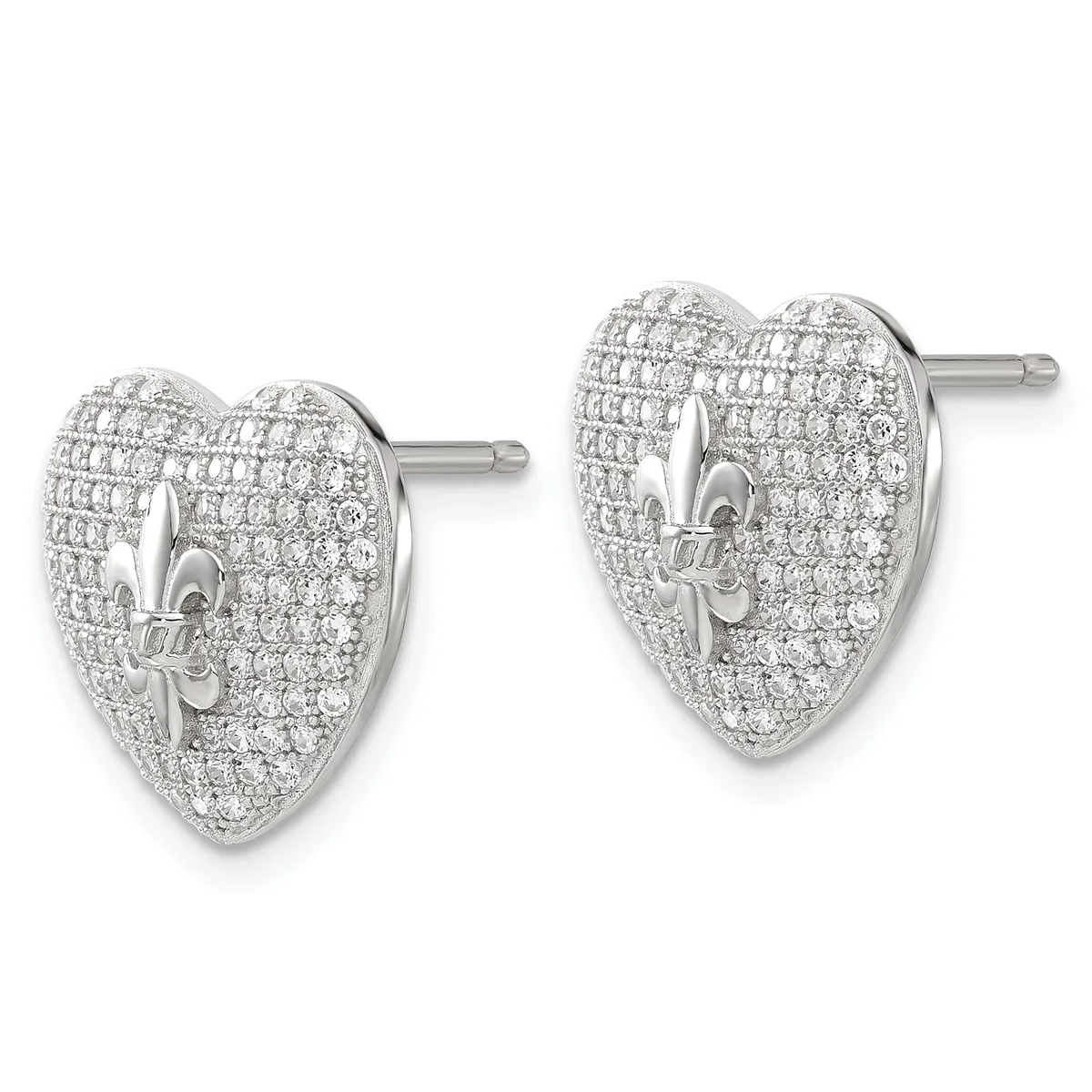 A pair of silver heart-shaped stud earrings densely set with small round diamonds, shown from the front against a white background.