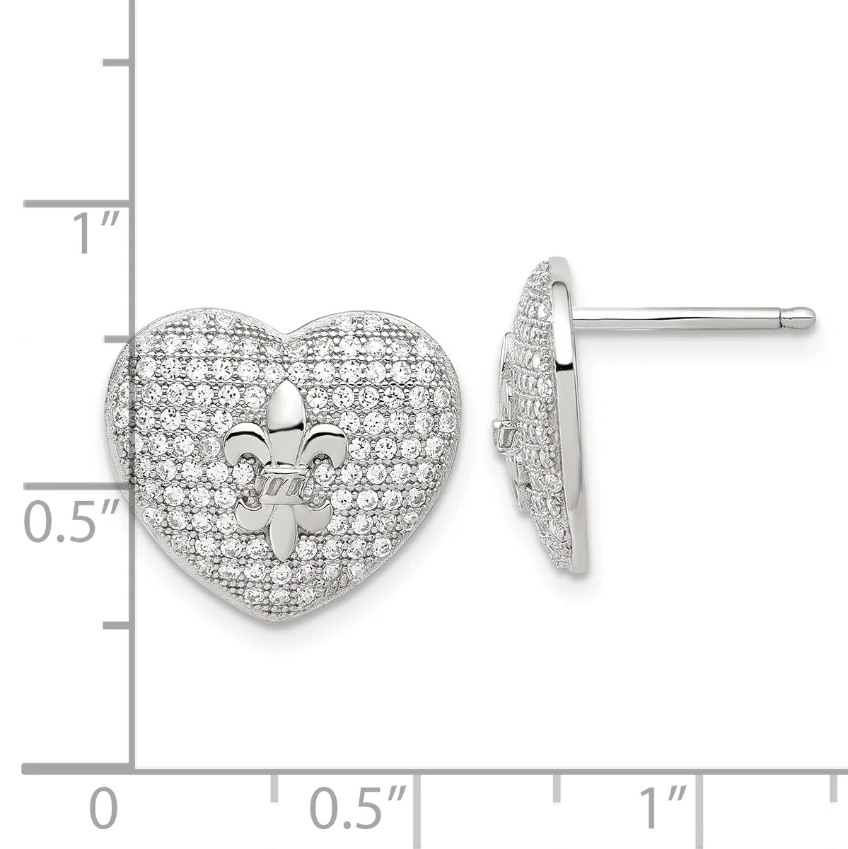 A pair of heart-shaped stud earrings with a fleur-de-lis cutout in the center, covered in pave-set cubic zirconia or diamonds, displayed next to a ruler showing they are approximately 0.5 inches tall.