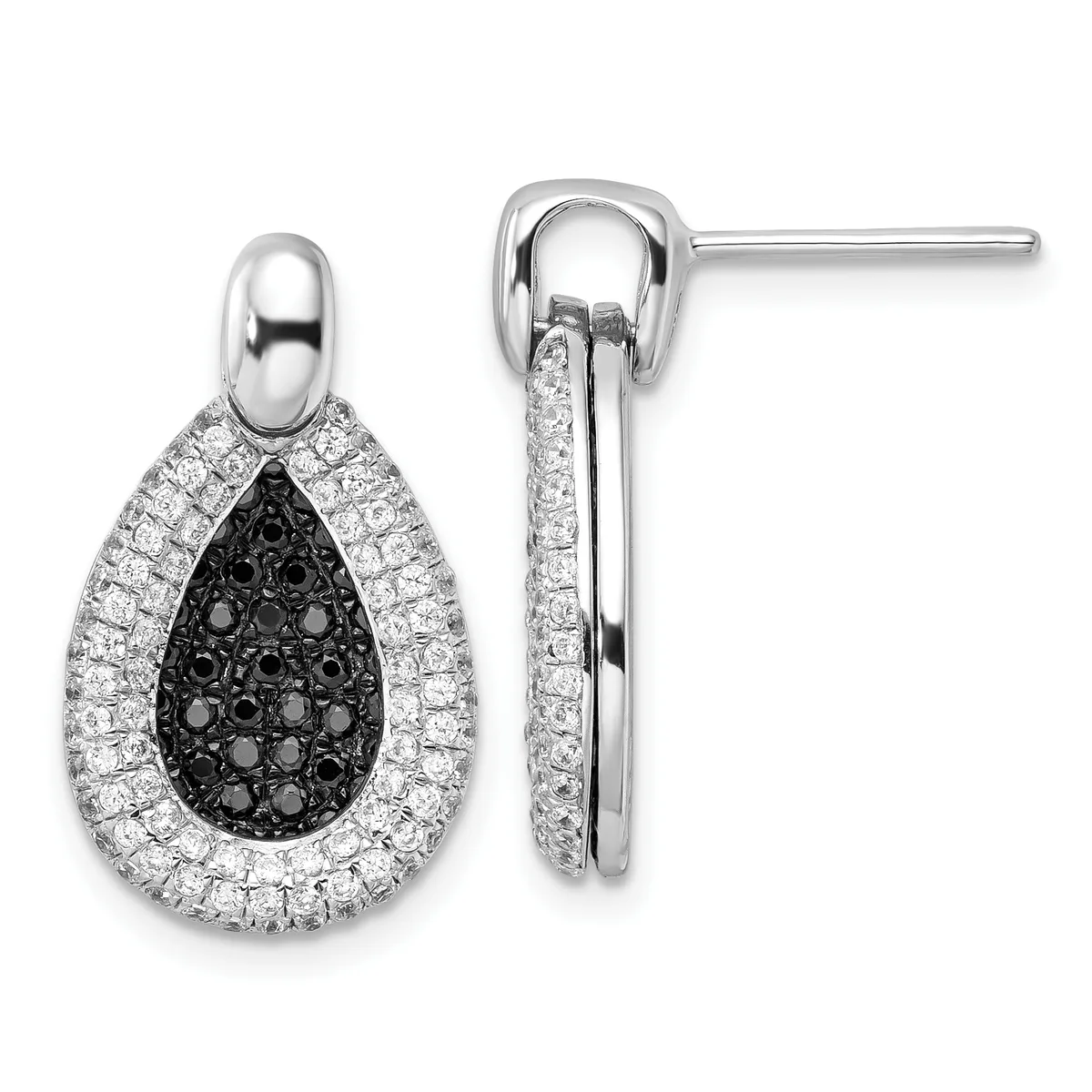 Pair of teardrop-shaped stud earrings in white metal with black diamonds in the center surrounded by white diamonds, shown from front and side views.