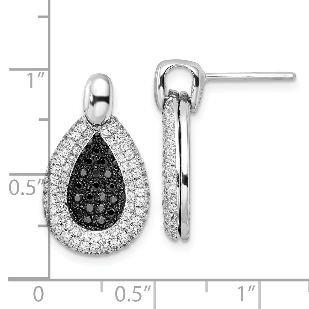 A pair of teardrop-shaped silver earrings with black diamond centers surrounded by white diamond halos, shown front and side view next to a measurement ruler.