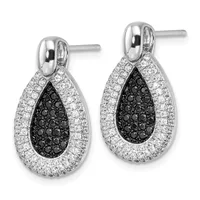 Pair of teardrop-shaped stud earrings with polished silver tops, white diamond surrounds, and black diamond centers, shown from the front.