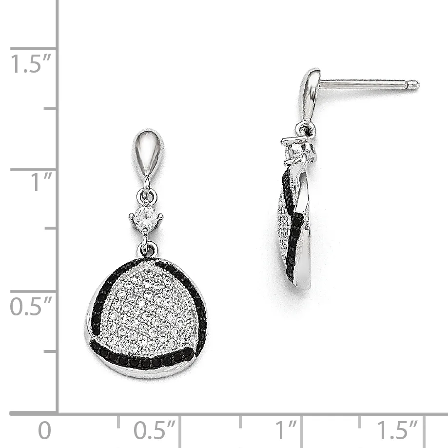 Two silver drop earrings with dome pendants paved with white crystals and outlined in black stones, displayed next to a measurement ruler.