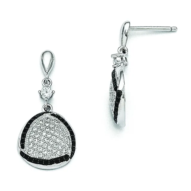A pair of silver drop earrings with black and white diamond pave settings, shown from front and side views.
