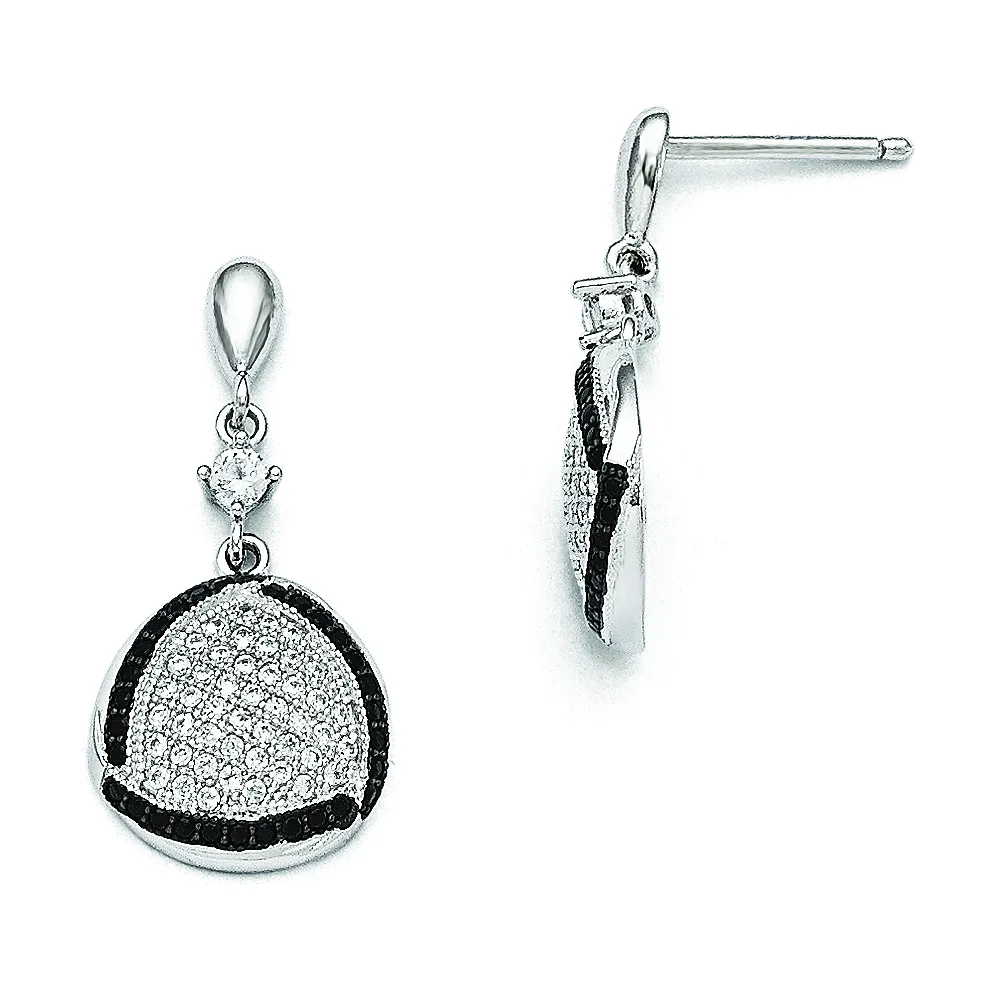 A pair of silver drop earrings with black and white diamond pave settings, shown from front and side views.