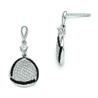 A pair of silver drop earrings with black and white diamond pave settings, shown from front and side views.