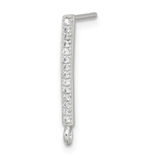 A vertical silver bar earring lined with round diamonds on both sides, with a post and backing at the top and a small ring attachment at the bottom.