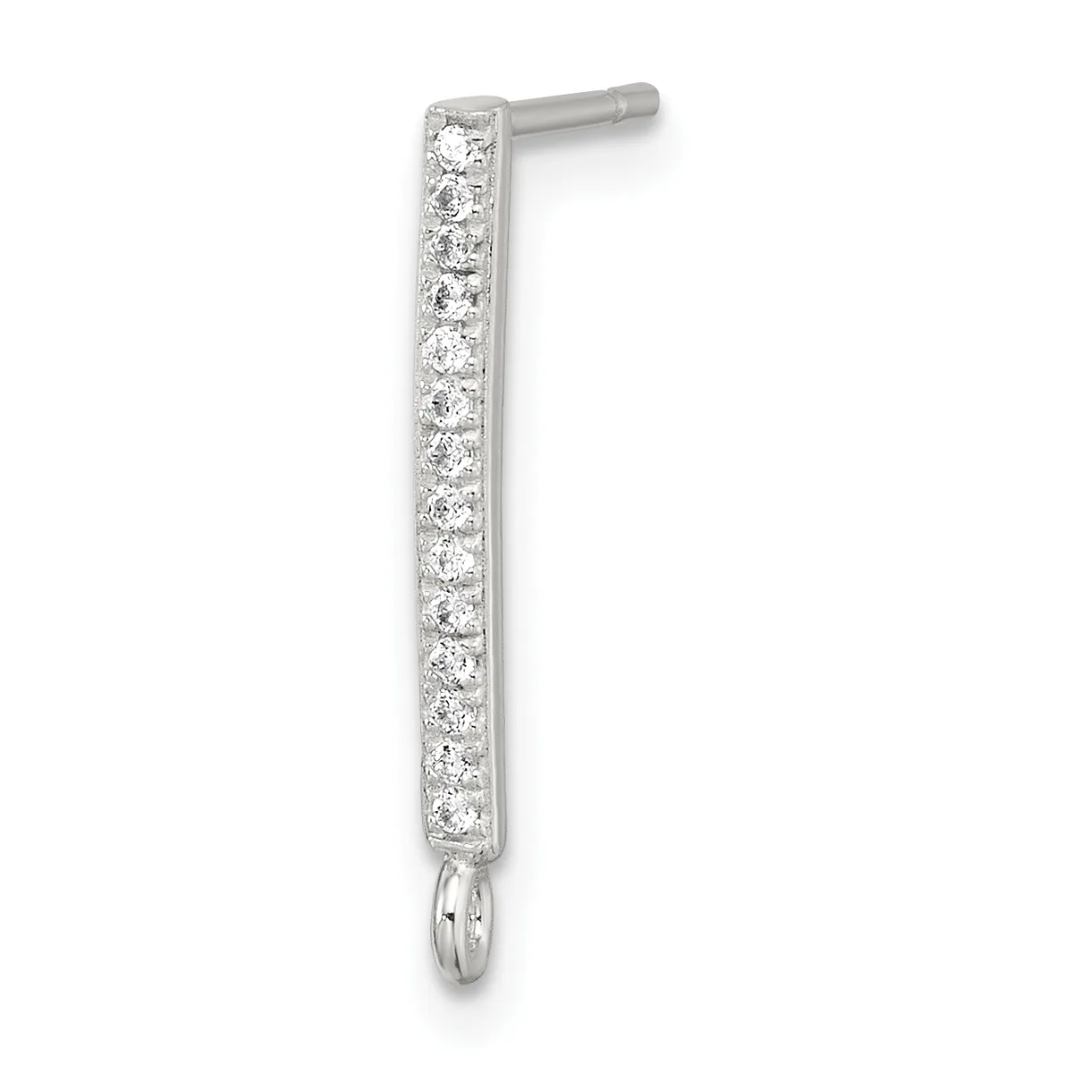 A vertical silver bar earring lined with round diamonds on both sides, with a post and backing at the top and a small ring attachment at the bottom.