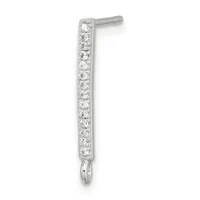 A vertical silver bar earring lined with round diamonds on both sides, with a post and backing at the top and a small ring attachment at the bottom.