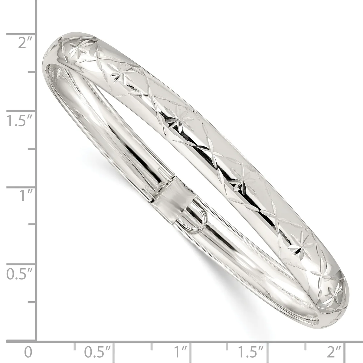 A polished sterling silver bangle bracelet with a diamond-cut pattern, shown next to a ruler indicating it measures approximately 2 inches in height.