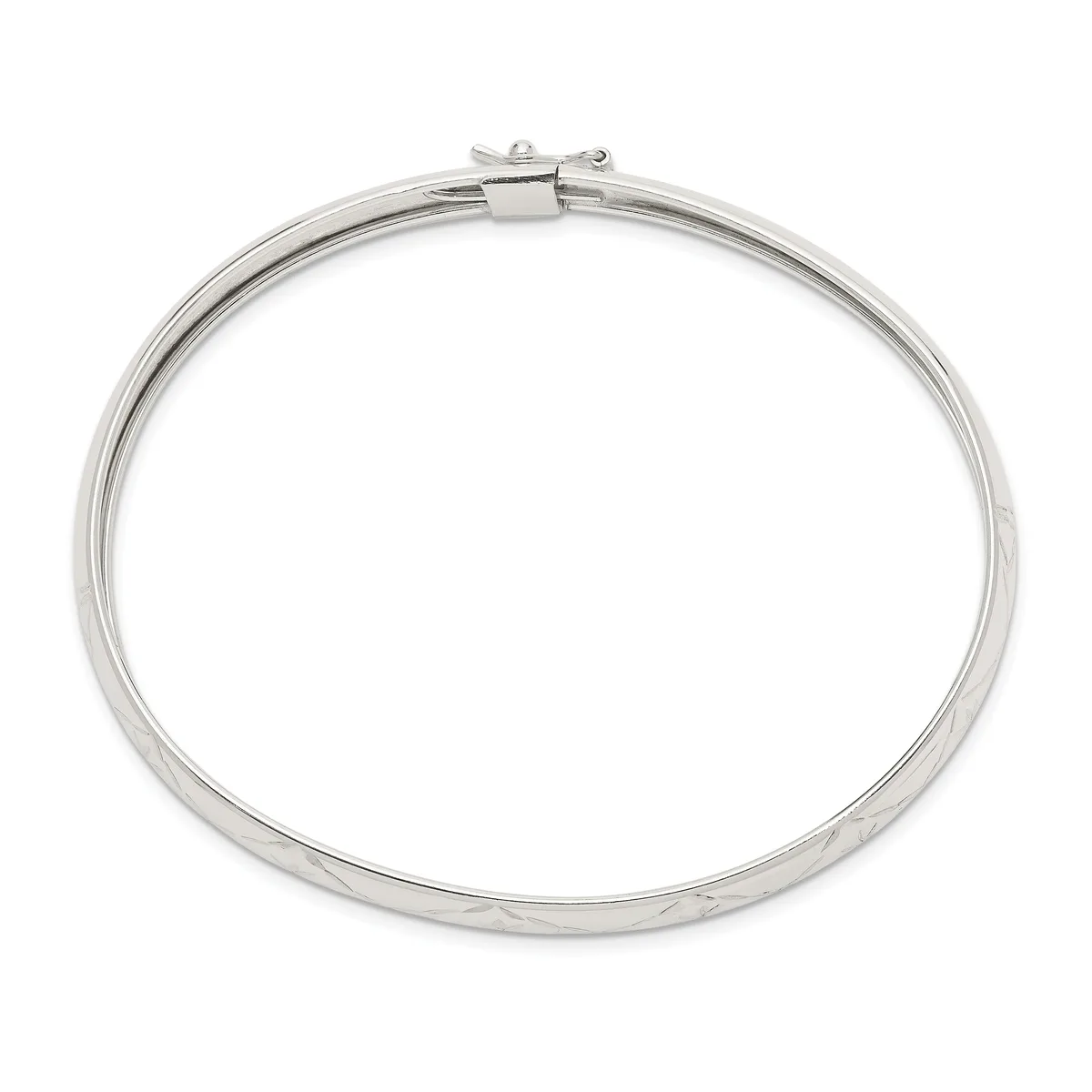 A polished silver bangle bracelet with a hinged clasp closure, displayed against a white background.