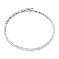 A polished silver bangle bracelet with a hinged clasp closure, displayed against a white background.