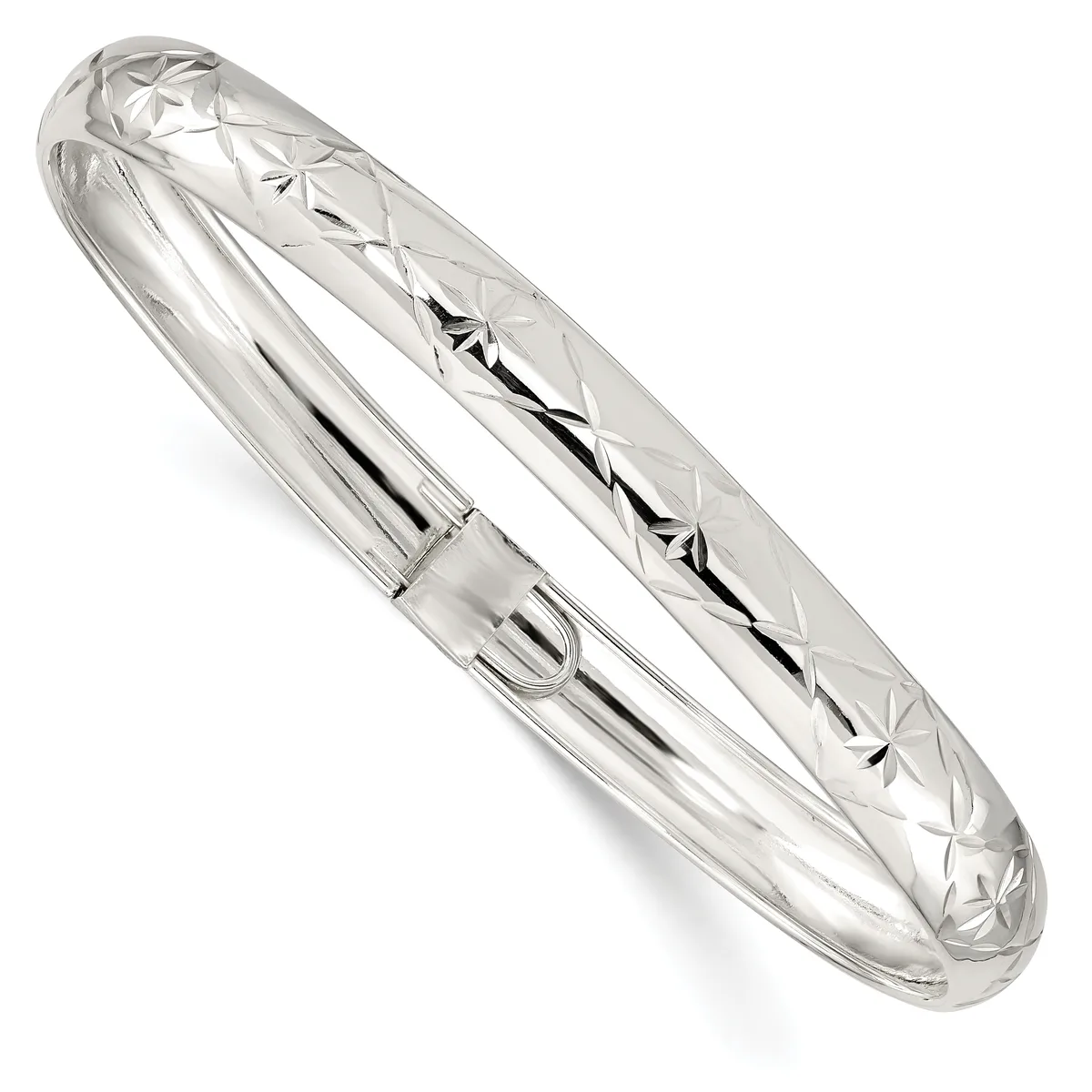 A polished silver bangle bracelet with a quilted diamond pattern etched across the surface and a hinged closure with a small push-lock mechanism.