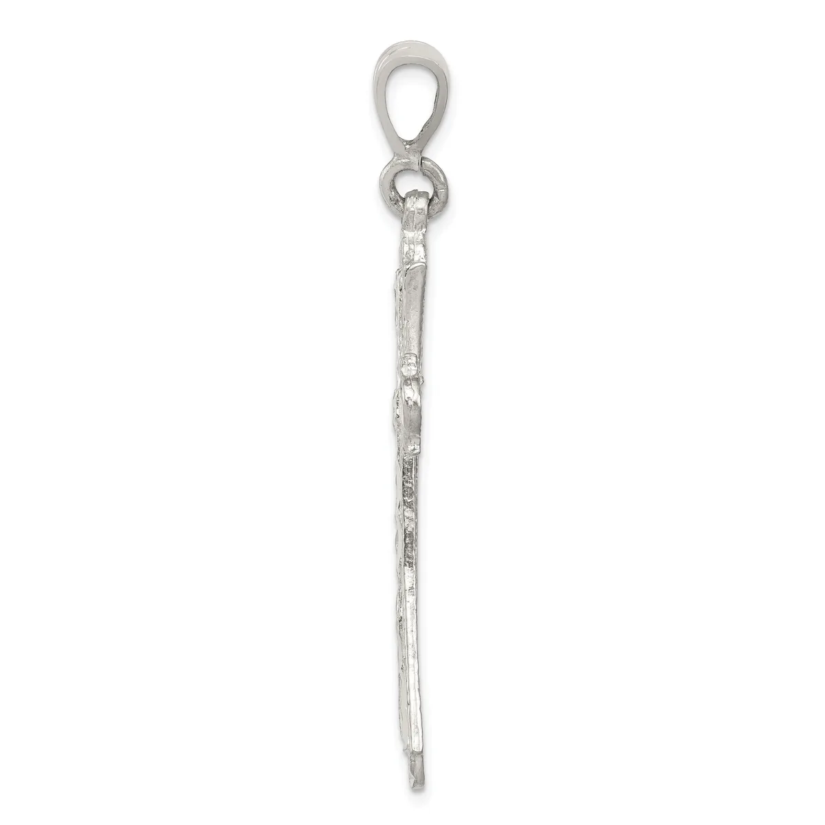 A long silver pendant with a textured cylindrical shaft and an oval loop at the top for attachment to a chain.