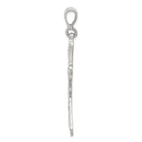 A long silver pendant with a textured cylindrical shaft and an oval loop at the top for attachment to a chain.