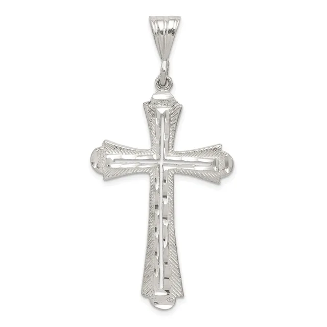 Sterling silver cross pendant with textured edges and an inner cutout cross design, shown hanging from a bail against a white background.