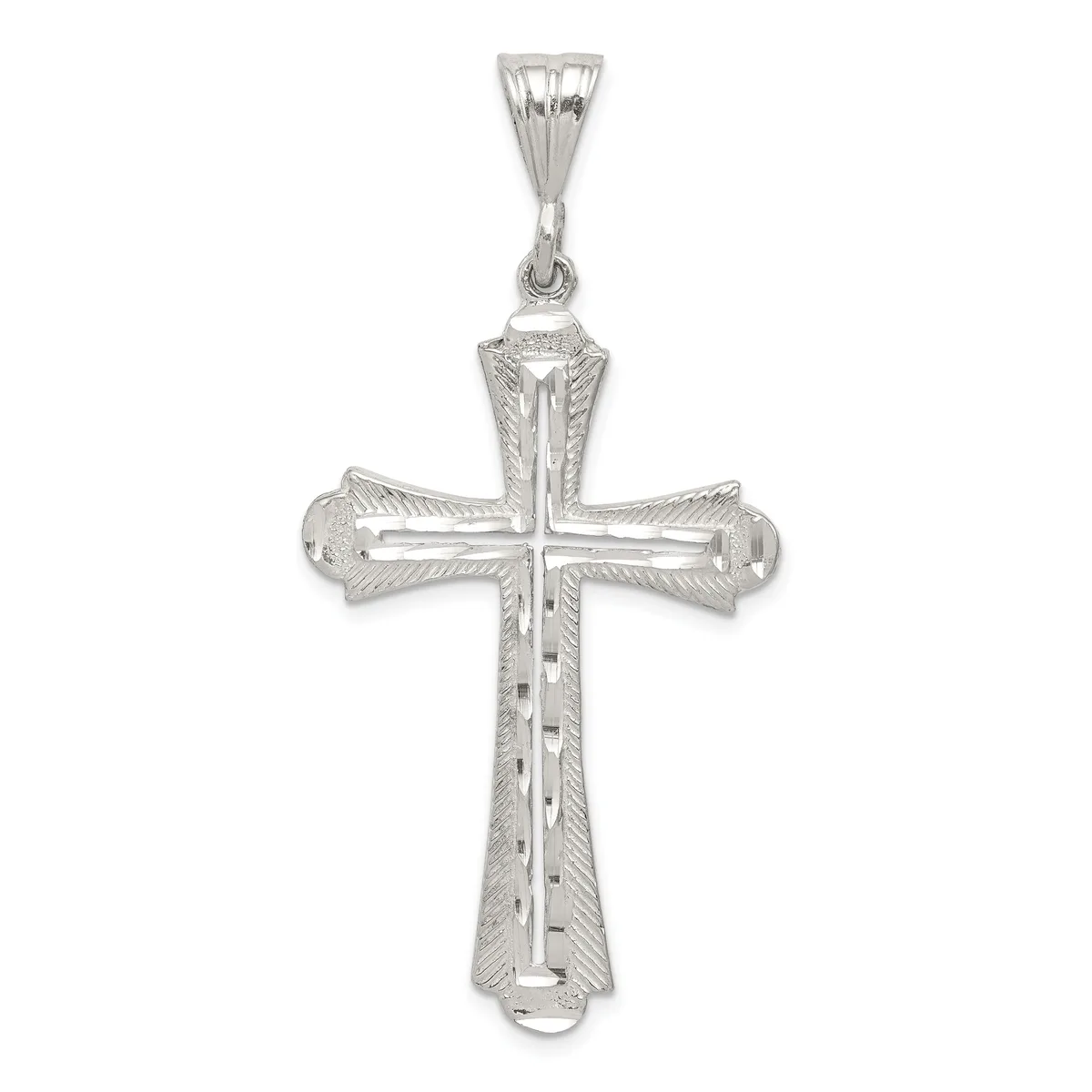 Sterling silver cross pendant with textured edges and an inner cutout cross design, shown hanging from a bail against a white background.