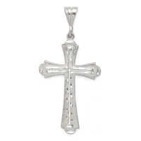 Sterling silver cross pendant with textured edges and an inner cutout cross design, shown hanging from a bail against a white background.