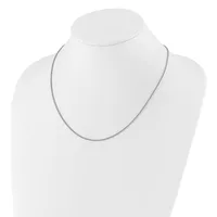 A thin silver-toned chain necklace displayed on a white mannequin bust.