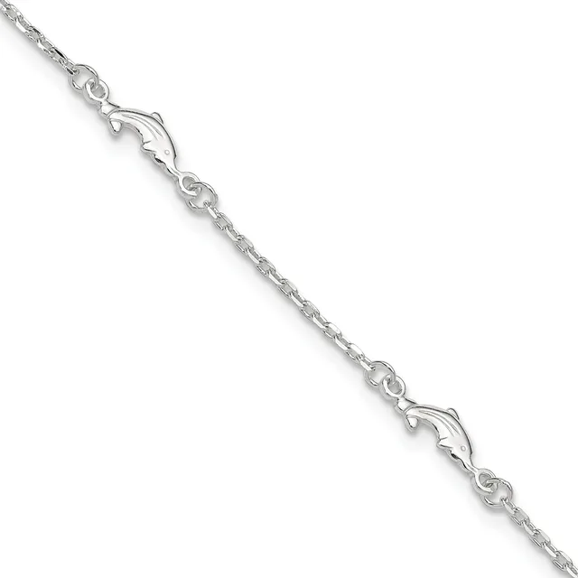 A silver chain bracelet with decorative dolphin charms spaced evenly along its length, displayed diagonally against a white background.