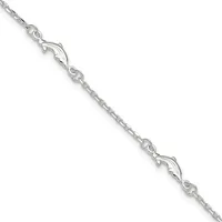 A silver chain bracelet with decorative dolphin charms spaced evenly along its length, displayed diagonally against a white background.